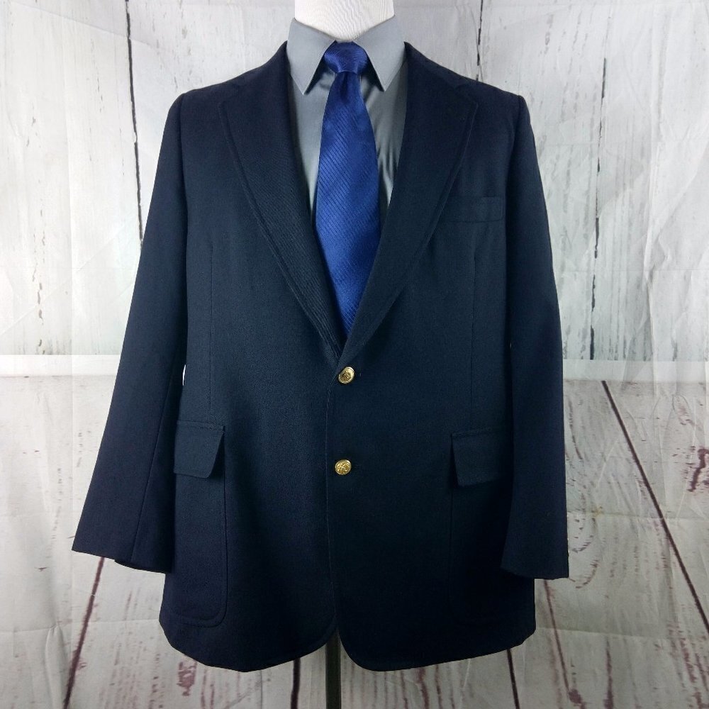Vtg Nieman Marcus 43R 2 Gold Button Navy Blue Suit Blazer Sport Coat